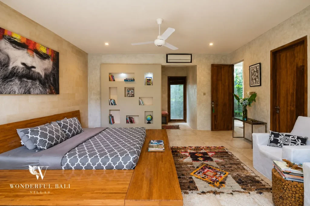 Bedroom side angle with ensuite visible through partition, 4-bedroom villa in Petitenget, Seminyak