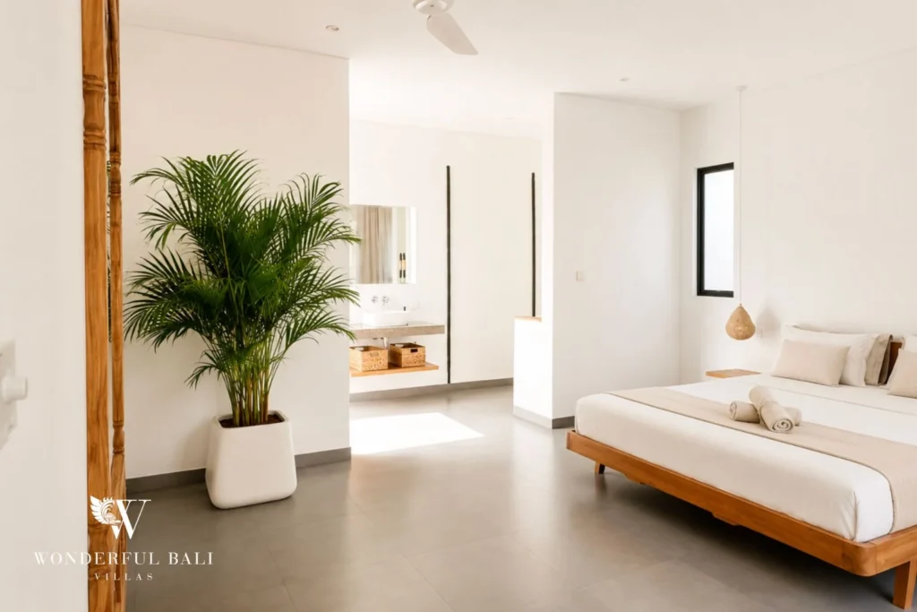 Third bedroom with palm plant and ensuite access at Luxury 3BR Villa in Pererenan, Bali