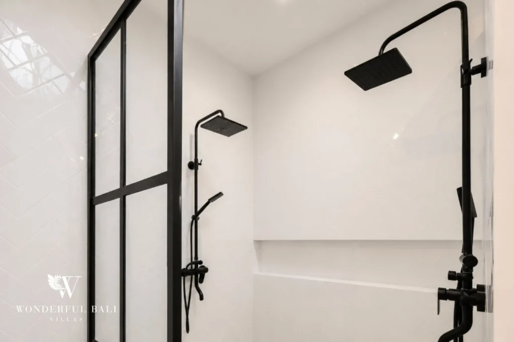 Bathroom with glass walk-in shower, 2-bedroom villa in Canggu