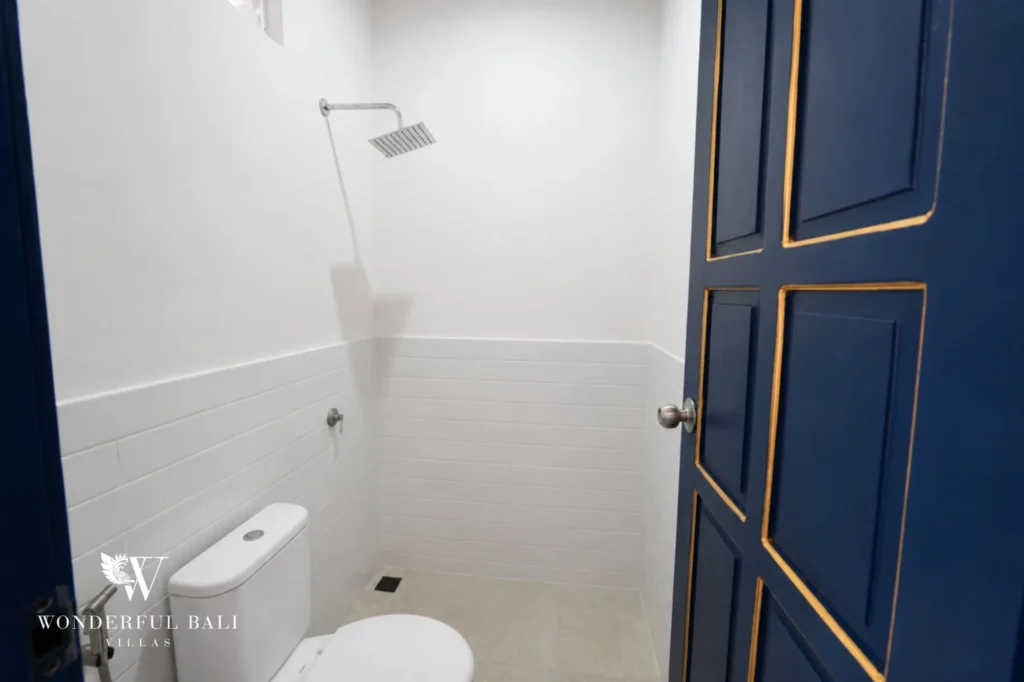 Walk-in shower bathroom with blue doors, 2-bedroom villa in Sanur