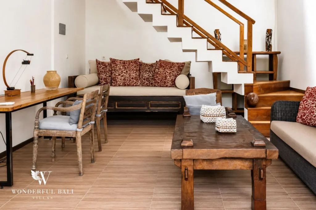 Wooden staircase connecting the two floors, 4-bedroom villa in Berawa, Canggu