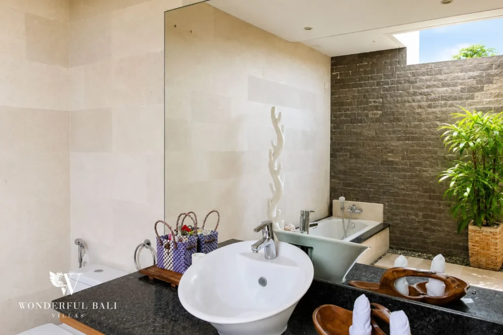 Bathroom with double vanity and garden view, 5-bedroom villa in Batu Bolong, Canggu