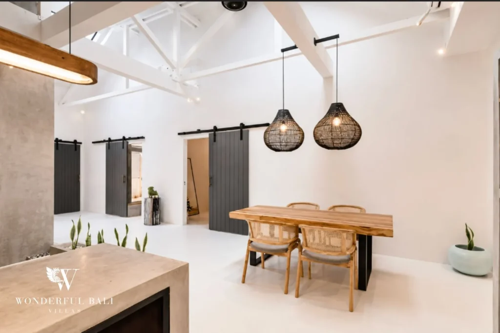 Dining area beneath the 4.5 m ceiling, 2-bedroom villa in Canggu