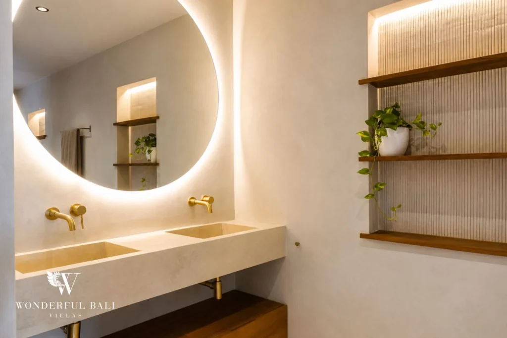 Bathroom with backlit round mirror, 4-bedroom villa in Kaba-Kaba, Tabanan