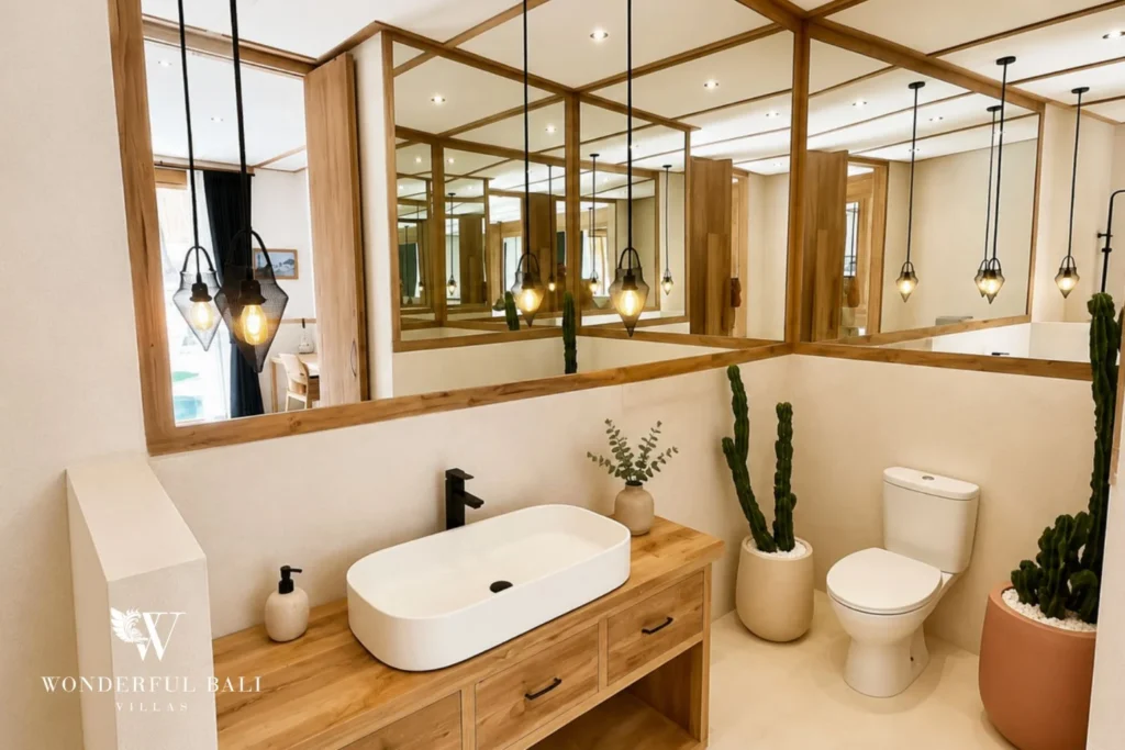 Ensuite bathroom with vessel sink and pendant lights in Berawa, Bali