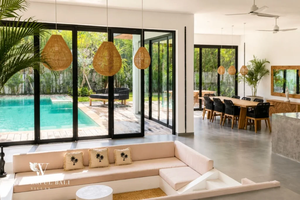 Open-plan living and dining with pool access at Luxury 3BR Villa in Pererenan, Bali