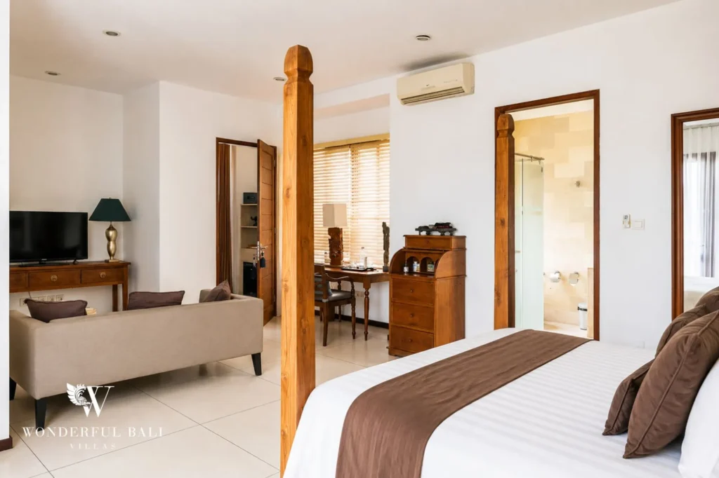 Workspace desk detail with chair and lamp, 4-bedroom villa in Berawa, Canggu