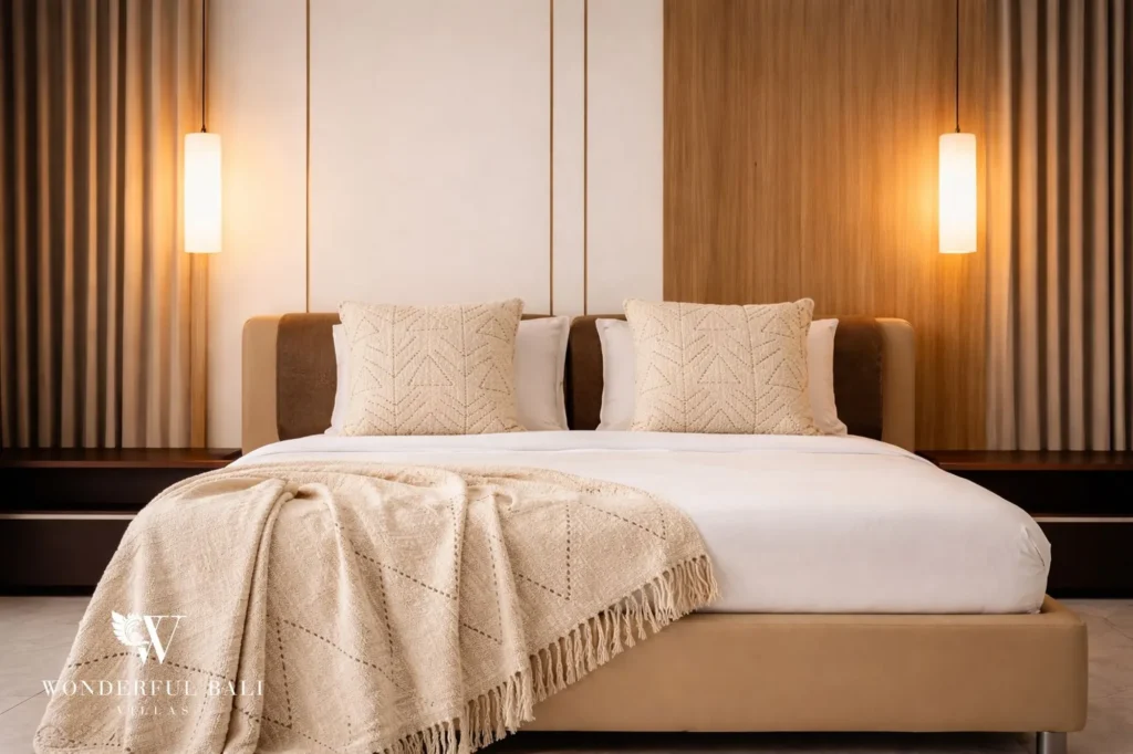 Master bedroom with wood-panel headboard, 2-bedroom villa in Petitenget, Seminyak