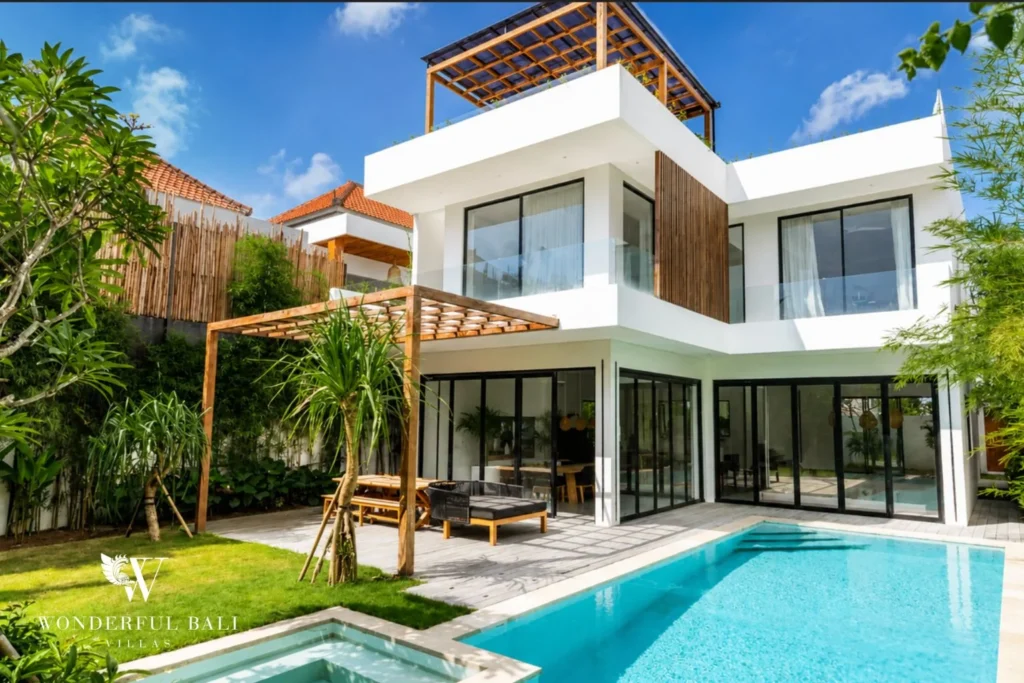 Modern three-story villa with pool and rooftop deck at Luxury 3BR Villa in Pererenan, Bali