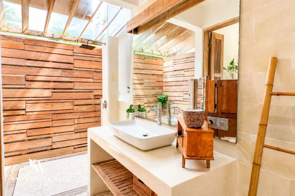 Bathroom vanity with wooden detail and basin, 4-bedroom family villa in Mertasari, Kerobokan
