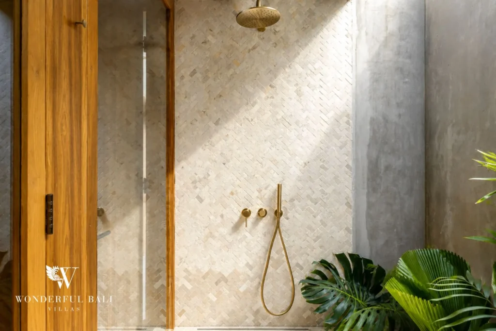 Walk-in shower with stone wall, 4-bedroom villa in Kaba-Kaba, Tabanan