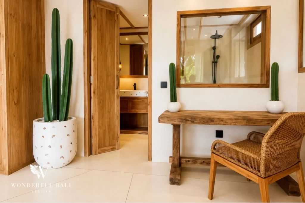 Dressing area with cactus and timber console in Berawa, Bali
