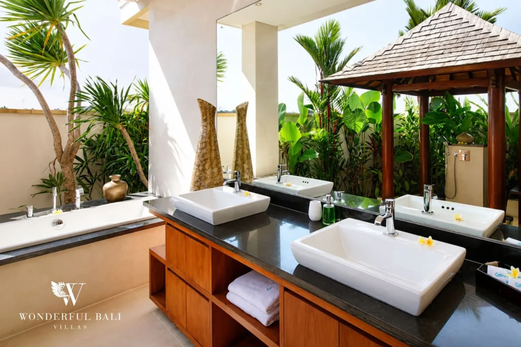 Bedroom with four-poster bed and garden view, 5-bedroom villa in Batu Bolong, Canggu