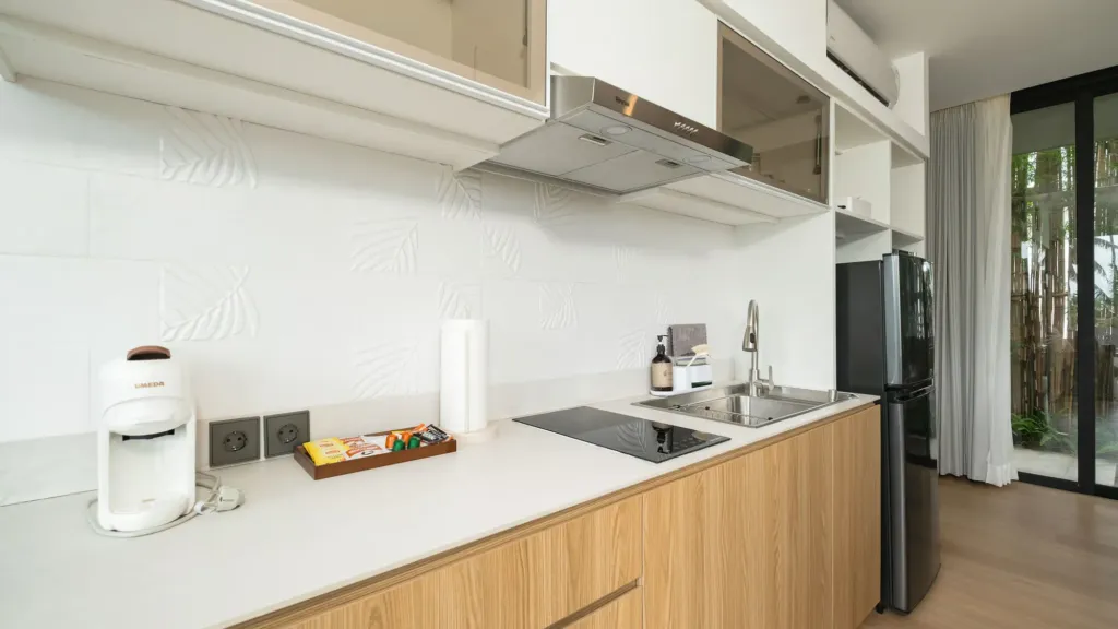 Villa Umahan, Ubud — kitchen, counter with induction cooktop, coffee machine and extractor, Villa Umahan