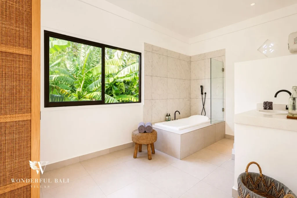 Bathroom with walk-in shower, 4-bedroom family villa in Berawa, Canggu