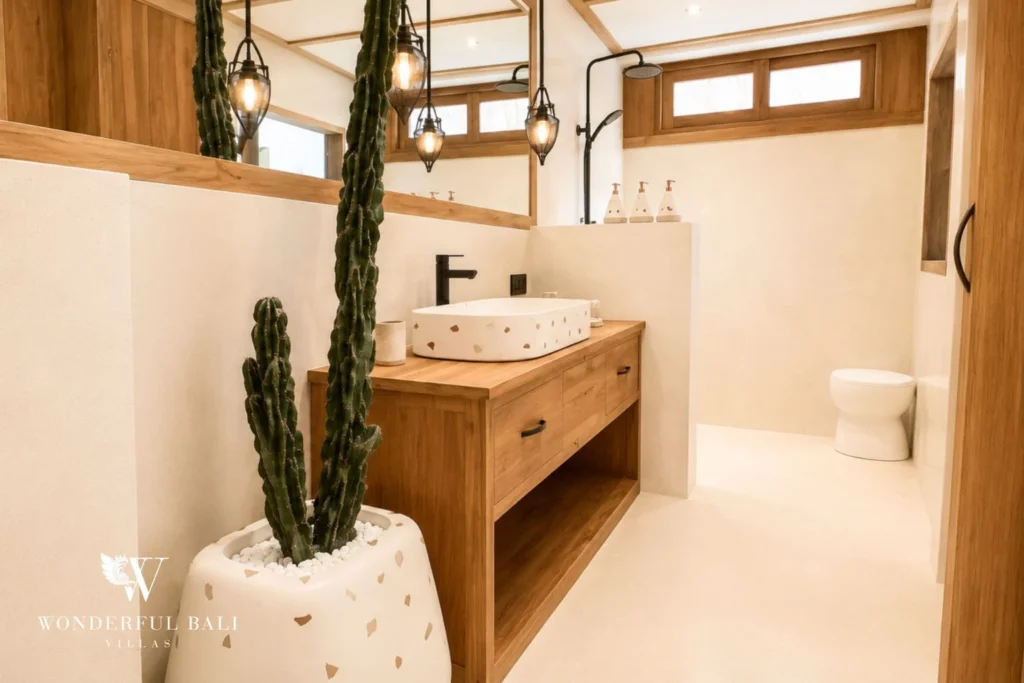 Master bathroom with terrazzo basin and brass pendants in Berawa, Bali