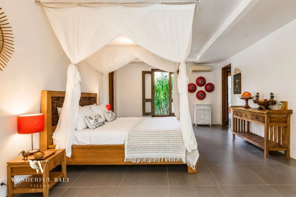 Modern bedroom inside the joglo villa, 4-bedroom property in Umalas