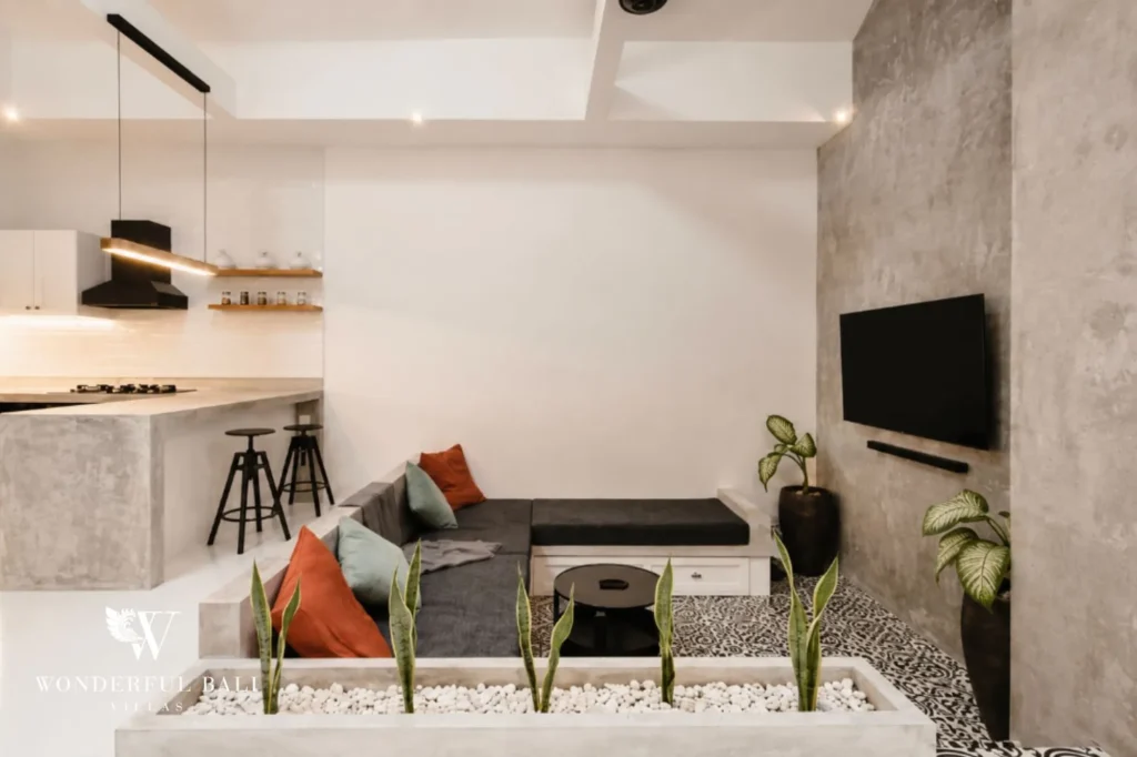 Open-plan living area with view to the kitchen, 2-bedroom villa in Canggu