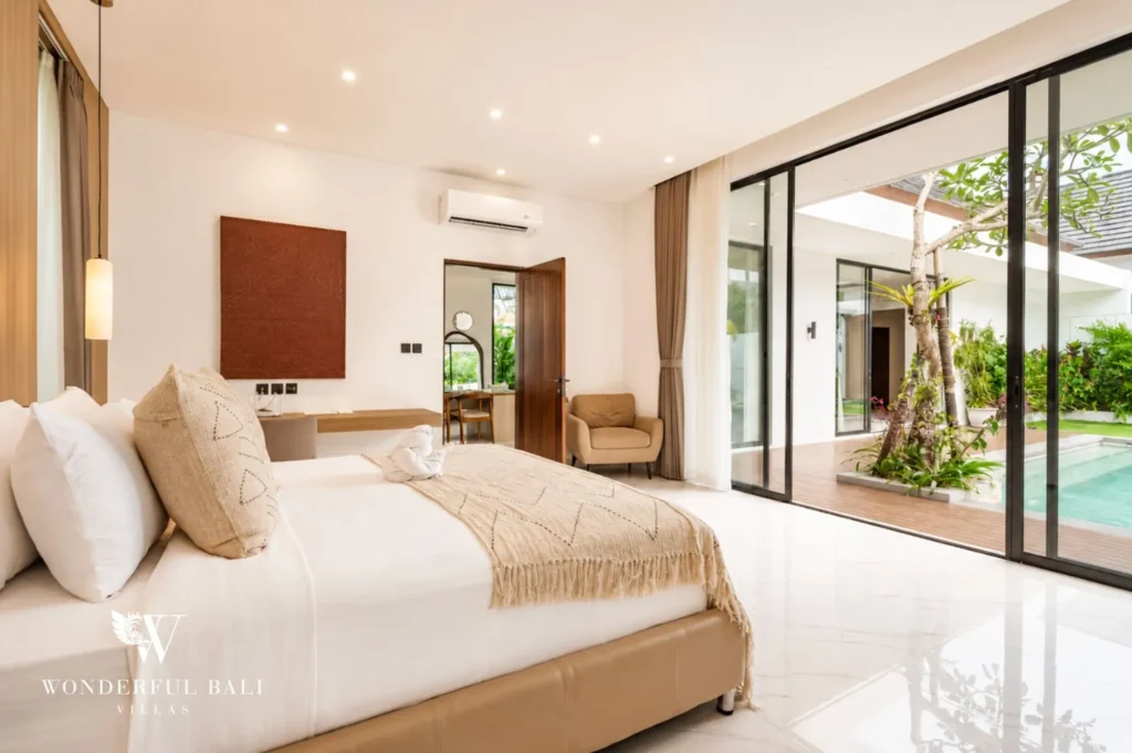 Bedroom with private pool view, 2-bedroom villa in Petitenget, Seminyak
