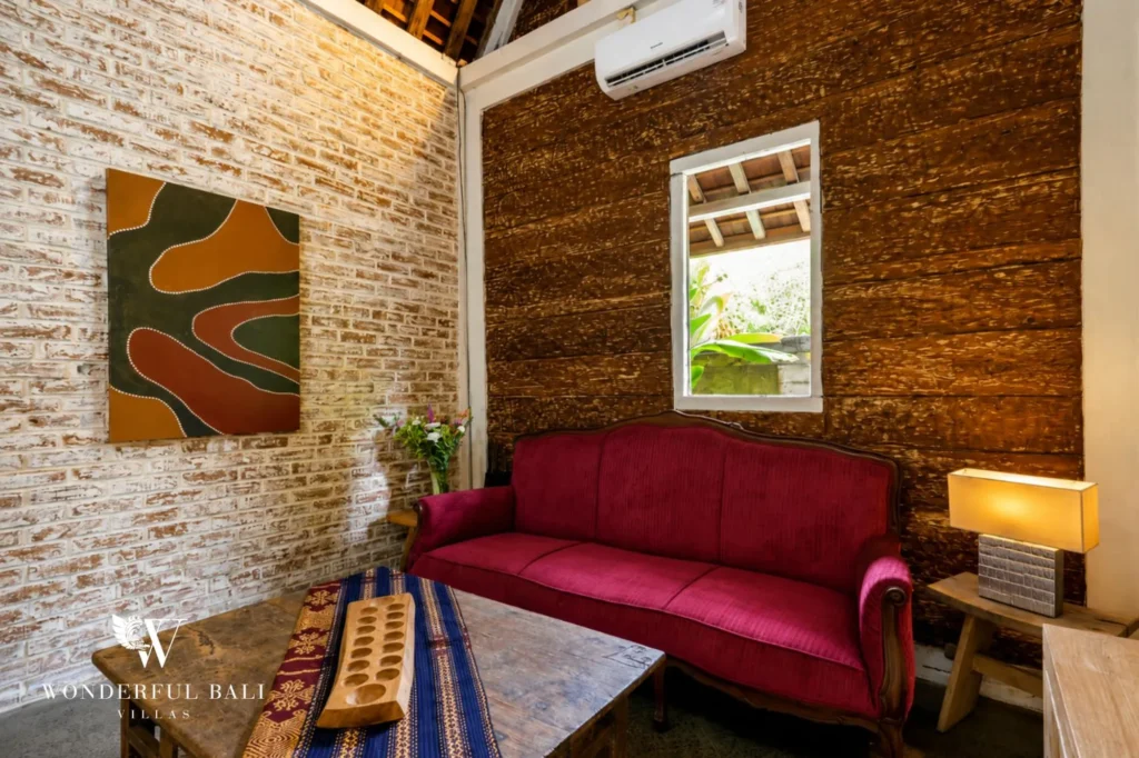 Interior detail showing timber joinery and exposed beams, dual-villa compound in Pererenan