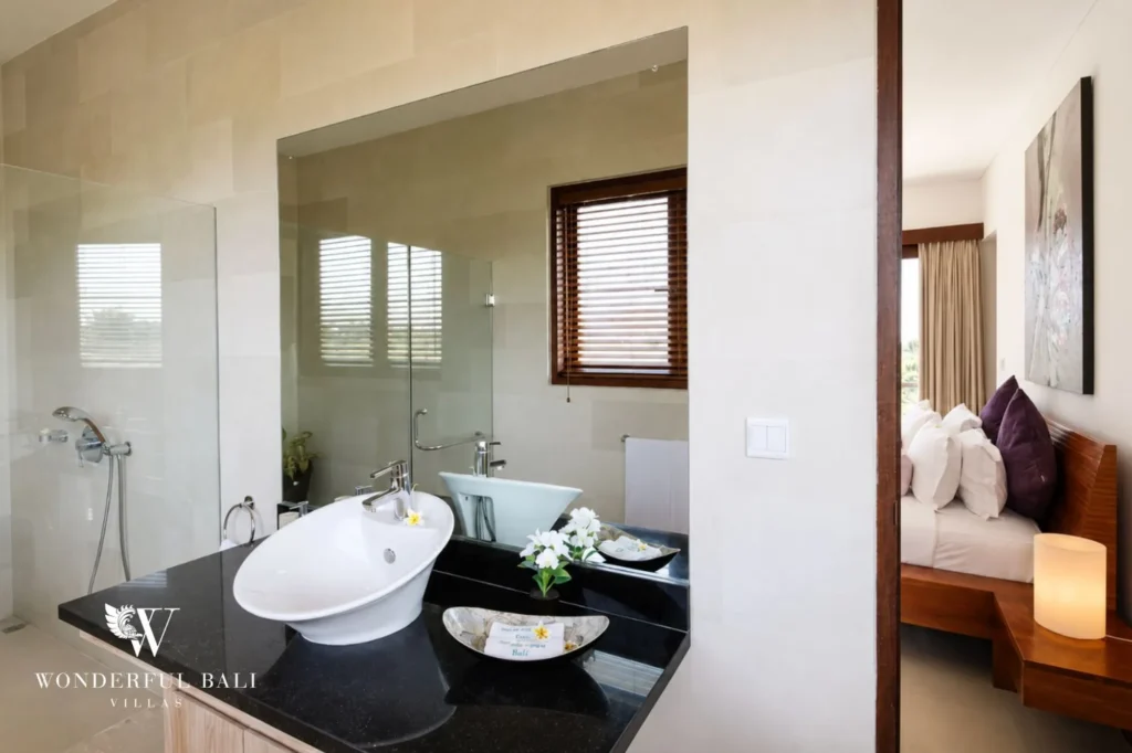 Bathroom with double vessel sinks, 5-bedroom villa in Batu Bolong, Canggu