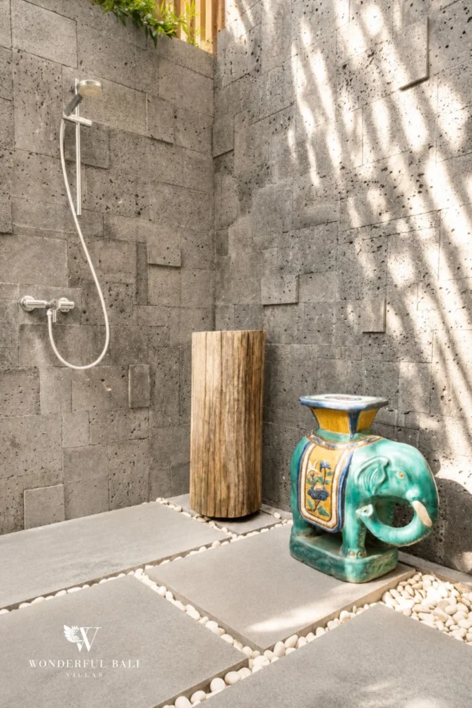 monthly villa rental Umalas — outdoor shower lava stone
