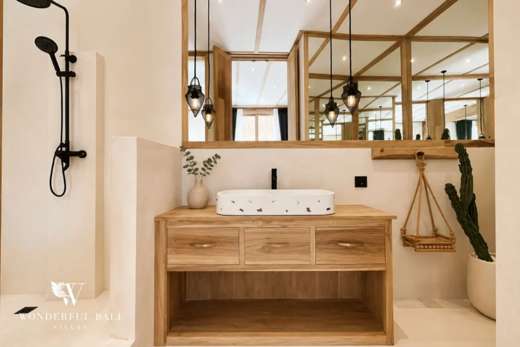Bathroom vanity with terrazzo basin and timber cabinetry in Berawa, Bali