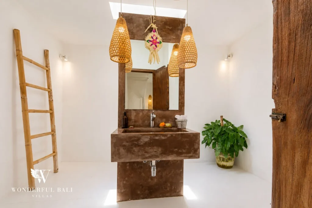 Open bathroom with shower and stone walls, 4-bedroom joglo villa in Umalas