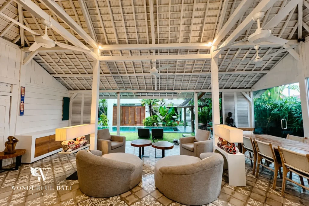 Living area with pool view, second angle, 4-bedroom villa in Petitenget, Seminyak