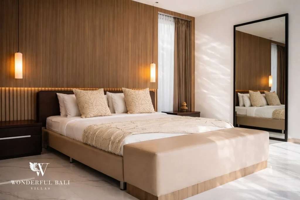 Bedroom with wood-panel wall, 2-bedroom villa in Petitenget, Seminyak