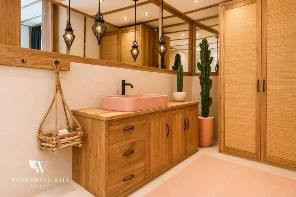 Pink sink bathroom with Moroccan pendant lights in Berawa, Bali