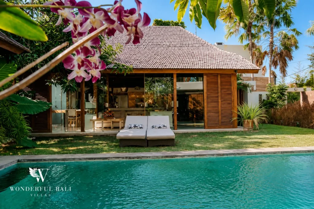Pool deck and front garden, 4-bedroom villa in Petitenget, Seminyak
