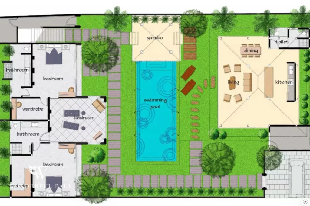 Floor plan overview of the 4-bedroom villa, Petitenget property