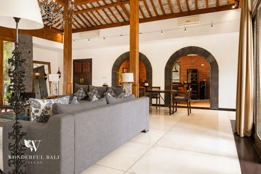 Villa entrance doorway with carved wooden detailing, 4-bedroom villa in Berawa, Canggu