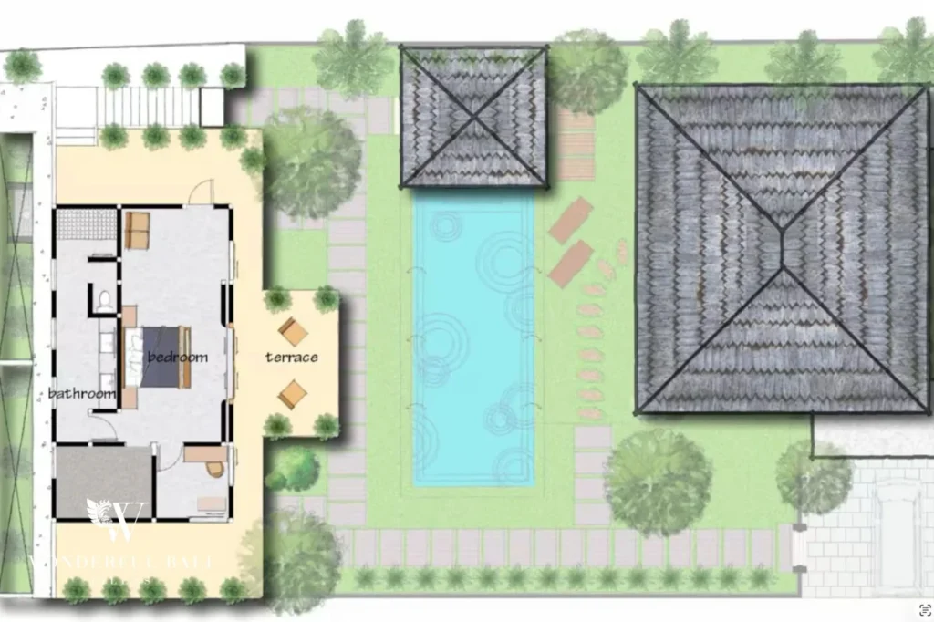 Detailed floor plan of bedrooms and bathrooms, 4-bedroom villa in Petitenget