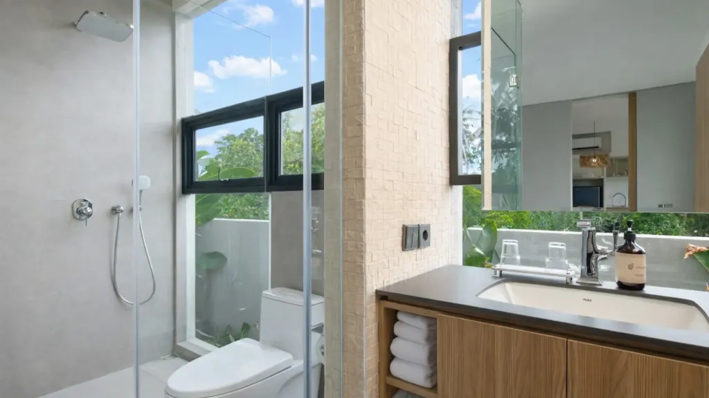 Villa Umahan, Ubud — bathroom, walk-in shower, vanity and toilet with green view, Villa Umahan