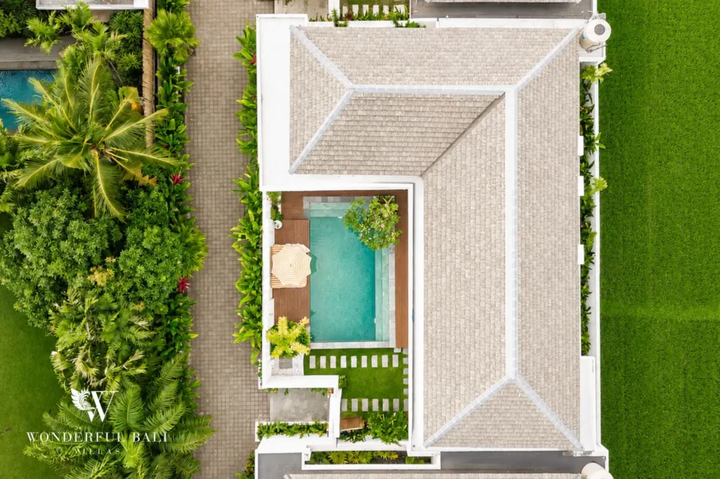 Aerial top-down view of the villa and pool, 2-bedroom villa in Petitenget, Seminyak