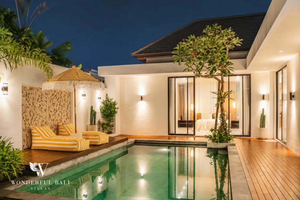 Private pool at dusk, 2-bedroom villa in Petitenget, Seminyak
