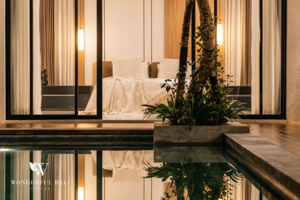 Villa exterior illuminated at night, 2-bedroom villa in Petitenget, Seminyak