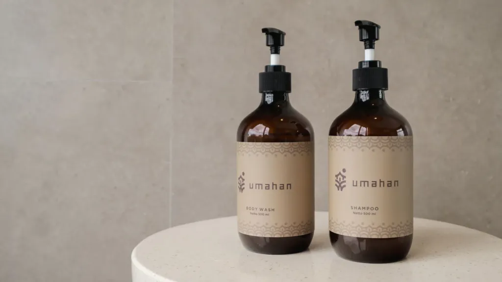 Villa Umahan, Ubud — bathroom, umahan-branded body wash and shampoo bottles in the bathroom, Villa Umahan