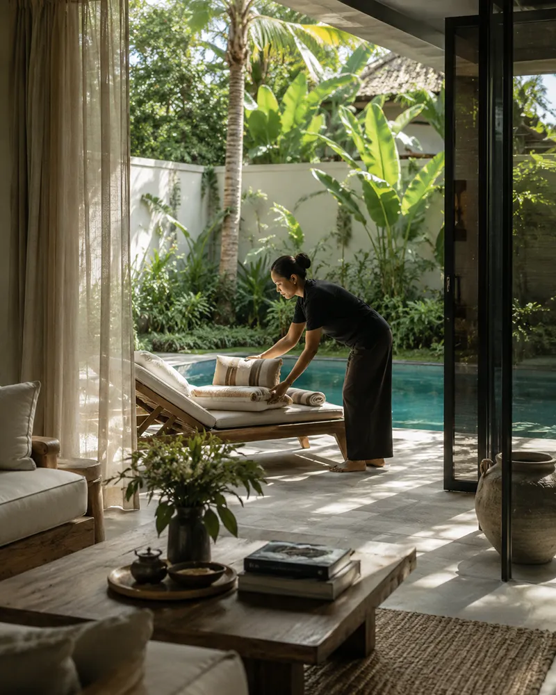 Wonderful Bali Villas housekeeper preparing poolside daybed at a private Bali villa