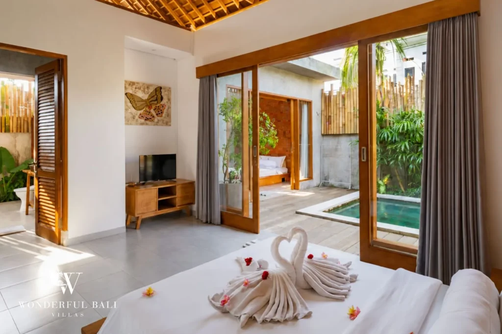 Bedroom with direct access to the pool deck, 2-bedroom rustic villa in Jimbaran, Bukit
