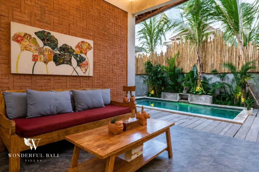 Covered outdoor lounge area beside the pool, 2-bedroom rustic villa in Jimbaran, Bukit