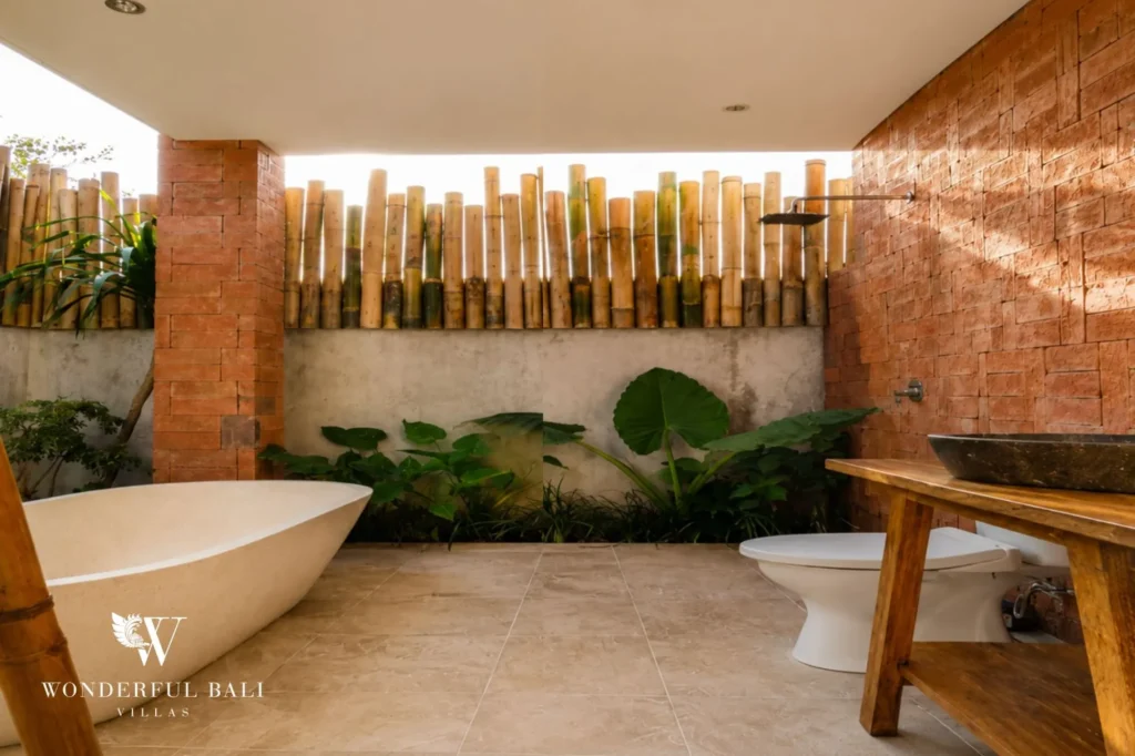 Bathroom with freestanding stone tub and shower, 2-bedroom rustic villa in Jimbaran, Bukit