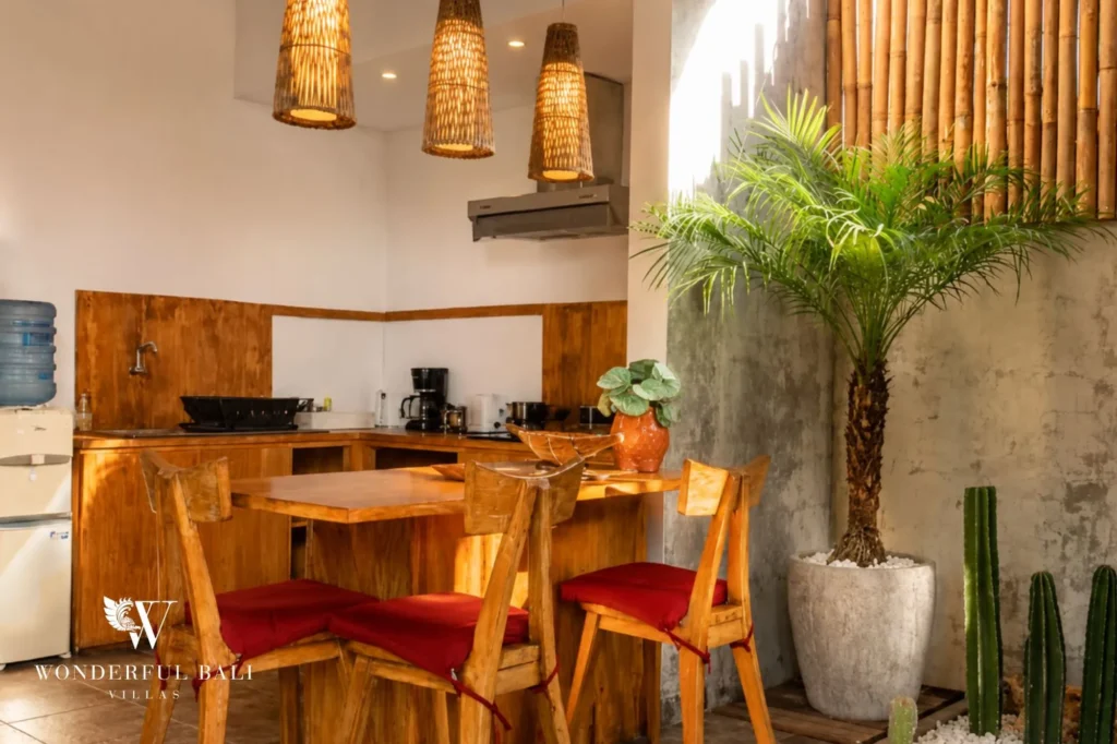 Indoor dining area with rustic finishes, 2-bedroom villa in Jimbaran, Bukit