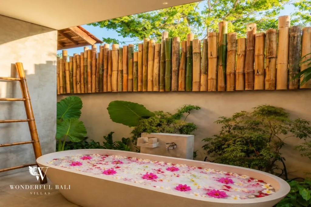Outdoor flower bath set in the tropical garden, 2-bedroom rustic villa in Jimbaran, Bukit