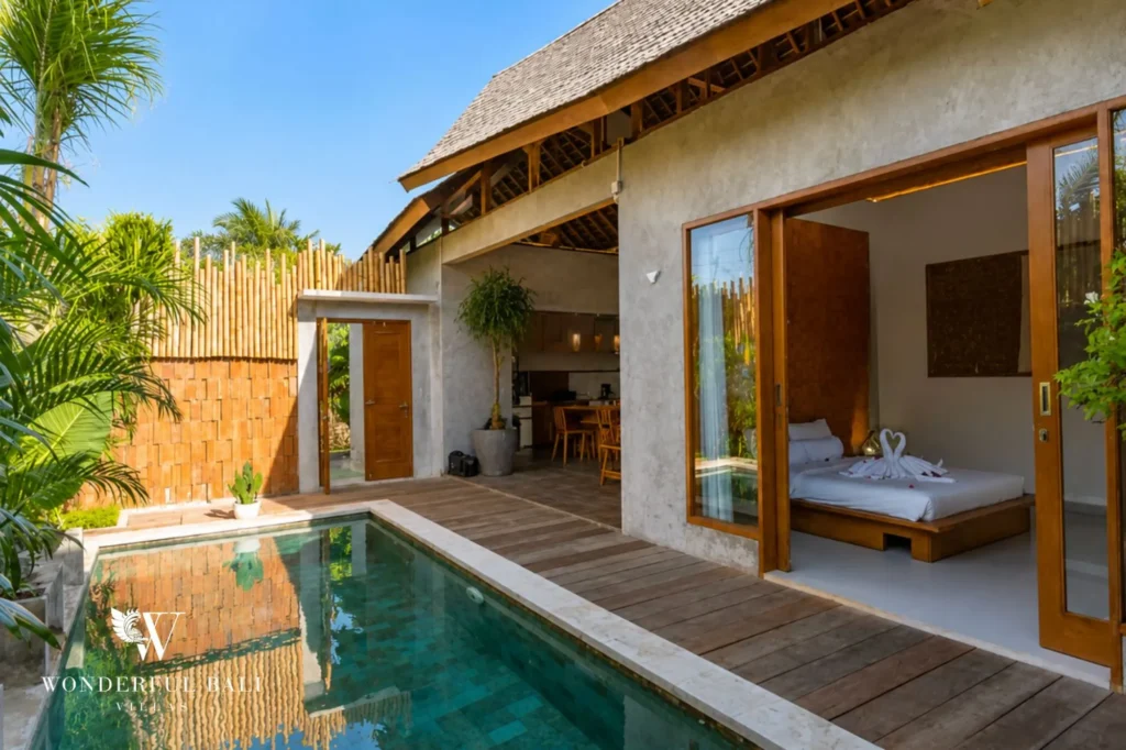 Poolside bedroom with tropical garden view, 2-bedroom rustic villa in Jimbaran, Bukit