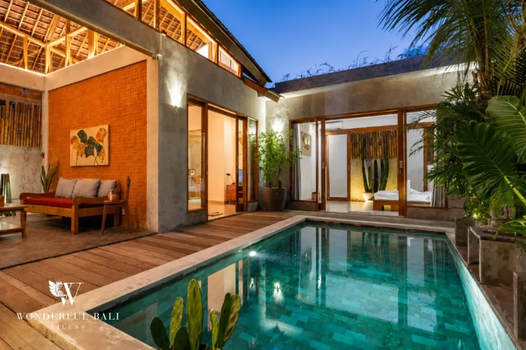Private pool beside the open-plan living room, 2-bedroom rustic villa in Jimbaran, Bukit