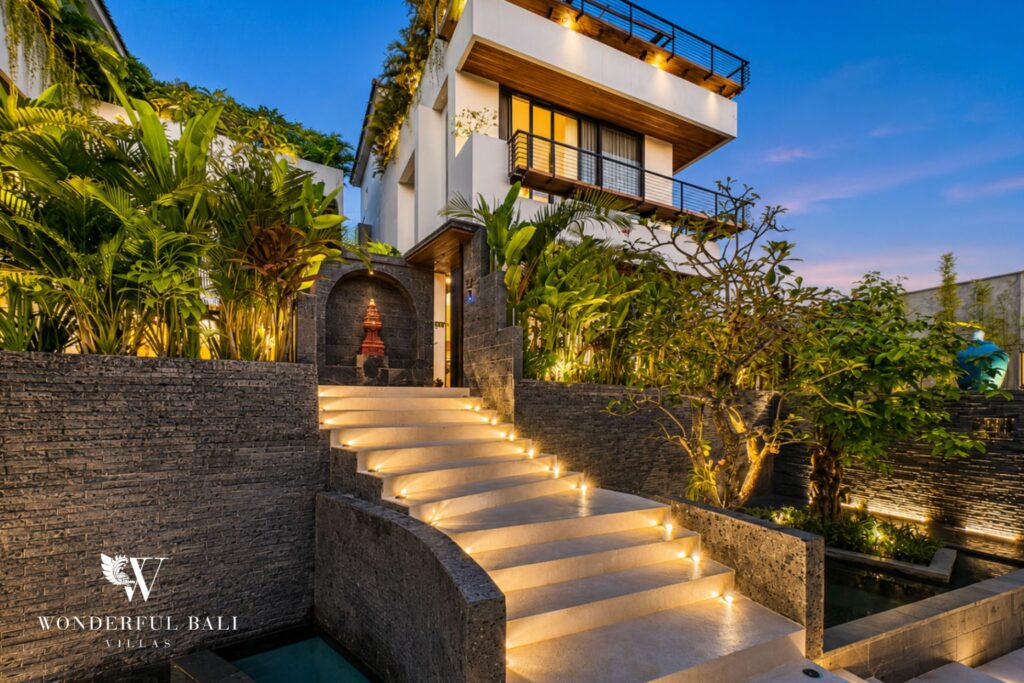 Luxury Modern Villa Entrance at Twilight with Illuminated Staircase in Bali