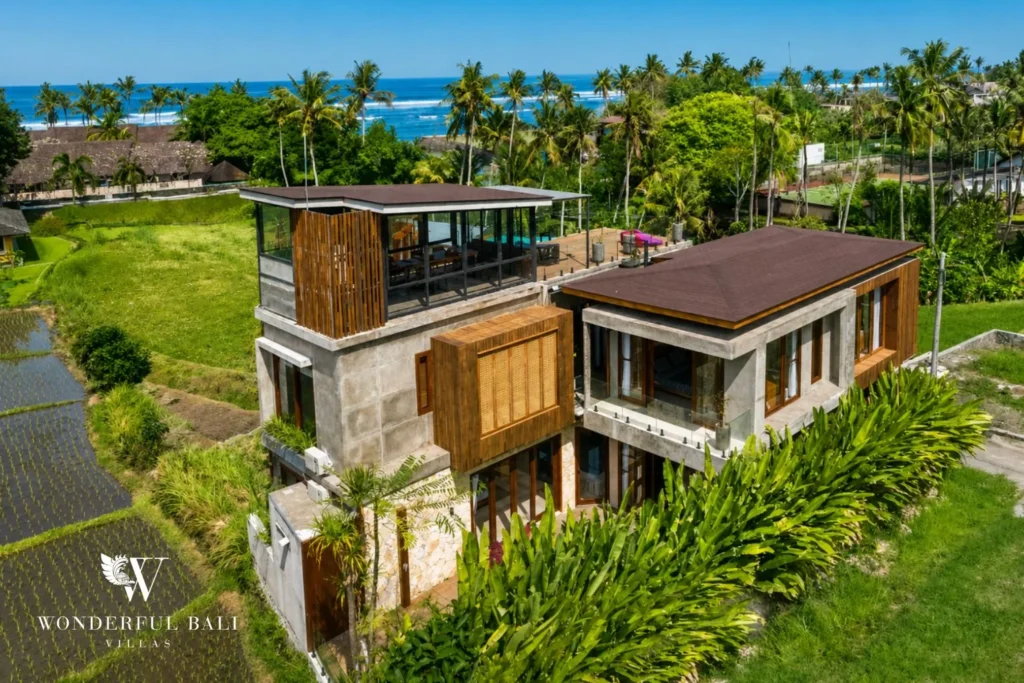 Aerial view of a 4-bedroom ocean-view villa with private pool in Seseh, near Cemagi Beach, Bali